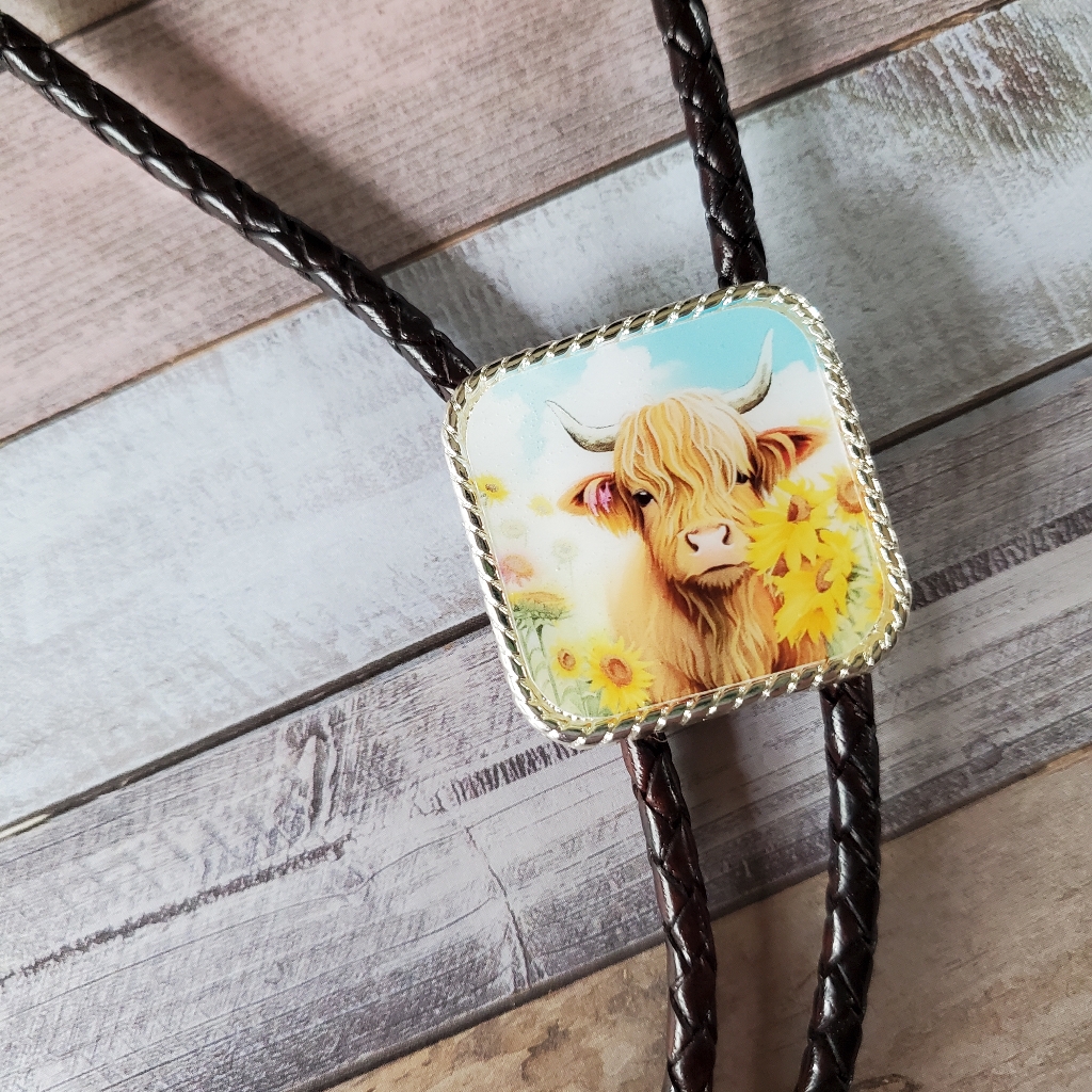 Cute Highland Cow Concho Western Necklace Bolo Tie With Hanava Braided
